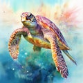 Watercolor beautiful Big sea turtle swimming in tropical ocean Royalty Free Stock Photo