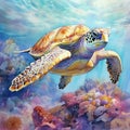 Watercolor beautiful Big sea turtle swimming in tropical ocean Royalty Free Stock Photo