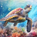 Watercolor beautiful Big sea turtle swimming in tropical ocean Royalty Free Stock Photo