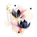 Watercolor beautiful blossom lotus flowers minimalist paint pattern. Water lilies. Dirty watercolor background with circles. Hand