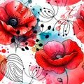 Watercolor beautiful blossom red poppies seamless pattern. Dirty watercolor romantic background. Hand drawn paint blooming Royalty Free Stock Photo
