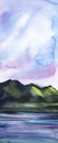 Watercolor beautiful blurred landscape of rippled mountain lake against gentle blue and lilac sky. Hand drawn summer