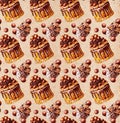 Watercolor beautiful caramel decorated chocolate cake on paper background. Sweet pattern