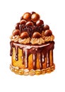 Watercolor beautiful caramel decorated chocolate cake on white background