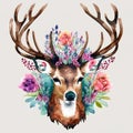 Watercolor, A beautiful deer head vector logo with hand drawn superimposed flowers.