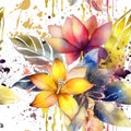 Watercolor beautiful exotic flowers tropical seamless pattern. Dirty spotty watercolor vector background. Hand drawn painted