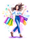 Watercolor of Beautiful fashionable woman holding shopping bags Standing isolated on white background and copy space. Shopping