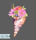 Watercolor beautiful floral design with seashell Royalty Free Stock Photo