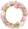 Watercolor beautiful floral wreath with pink and beige poppy flowers and green leaves. Hand-drawn illustration.