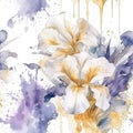 Watercolor beautiful iris flowers seamless pattern. Dirty spotty watercolor vector background. Hand drawn painted flowers, leaves Royalty Free Stock Photo