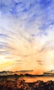 Watercolor beautiful landscape. Amazing gradient sunset sky painting small forest lake in orange color. Whimsical clouds float Royalty Free Stock Photo