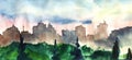 Watercolor beautiful landscape of green summer forest, blurred silhouette of modern city buildings and evening soft blue Royalty Free Stock Photo