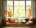 Watercolor of Beautiful living room in autumn