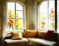 Watercolor of Beautiful living room in autumn
