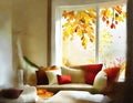 Watercolor of Beautiful living room in autumn