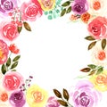 Watercolor beautiful loose style pink, red, violet, yellow ostin rose flower and green leaves frame. Modern color trendy template