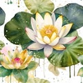 Watercolor beautiful lotus flowers seamless pattern. Dirty spotty watercolor vector background. Hand drawn paint water lilies Royalty Free Stock Photo