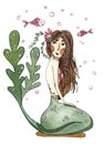 Watercolor Beautiful Mermaid Girl.