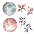 Watercolor beautiful moons set illustration with leaves. Moon and leaf set. contemporary art in soft neutral trendy color