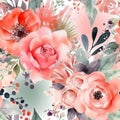 Watercolor beautiful pastel roses flowers seamless pattern. Watercolor vector background. Hand drawn paint blooming pink rose Royalty Free Stock Photo