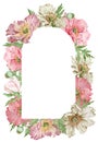 Watercolor beautiful pink and beige flowers frame. Poppies vertical template. Hand-drawn illustration.