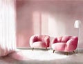 Watercolor of Beautiful pink living room with cozy