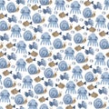 Watercolor beautiful seamless pattern with fish, snails, jellyfish and seashells.