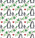 Watercolor beautiful seamless pattern with penguins, hearts, berries and leafs