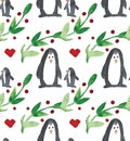 Watercolor beautiful seamless pattern with penguins, hearts, berries and leafs