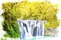 Watercolor Beautiful Shifen waterfall nature scenery located in Pingxi District Taiwan