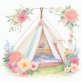 Watercolor beautiful sweet romantic tent with flower garden, decorated with flowers inside and outside