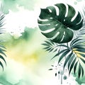 Watercolor beautiful tropical palm monstera leaves seamless pattern. Dirty watercolor splashes vector background. Hand drawn paint Royalty Free Stock Photo