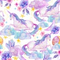 Watercolor beautiful unicorns, crystals, flowers, moon on starry background