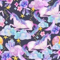 Watercolor beautiful unicorns, crystals, flowers, moon on starry background Royalty Free Stock Photo