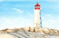 Watercolor beautiful white lighthouse in Peggy`s Cove