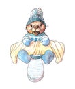 Watercolor beaver cub in warm clothes with a wrapped two-handed saw