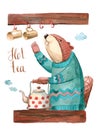 Watercolor beaver in the kitchen making tea