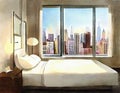 Watercolor of A bed in a bedroom next to a window with a city view and a lamp on a Royalty Free Stock Photo