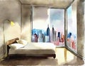 Watercolor of A bed in a bedroom next to a window with a city view and a lamp on a Royalty Free Stock Photo