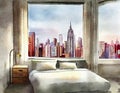 Watercolor of A bed in a bedroom next to a window with a city view and a lamp on a Royalty Free Stock Photo