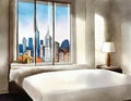 Watercolor of A bed in a bedroom next to a window with a city view and a lamp on a Royalty Free Stock Photo