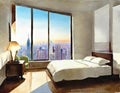 Watercolor of A bed in a bedroom next to a window with a city view and a lamp on a Royalty Free Stock Photo