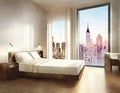 Watercolor of A bed in a bedroom next to a window with a city view and a lamp on a Royalty Free Stock Photo