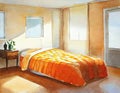 Watercolor of a bed with a checkered orange comforter and