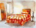 Watercolor of a bed with a checkered orange comforter and