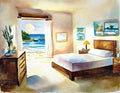 Watercolor of A bedroom with a beach theme featuring a canvas painting as the main point of