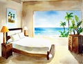 Watercolor of A bedroom with a beach theme featuring a canvas painting as the main point of