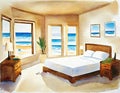 Watercolor of A bedroom with a beach theme featuring a canvas painting as the main point of