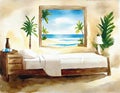 Watercolor of A bedroom with a beach theme featuring a canvas painting as the main point of