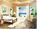 Watercolor of A bedroom with a beach theme featuring a canvas painting as the main point of